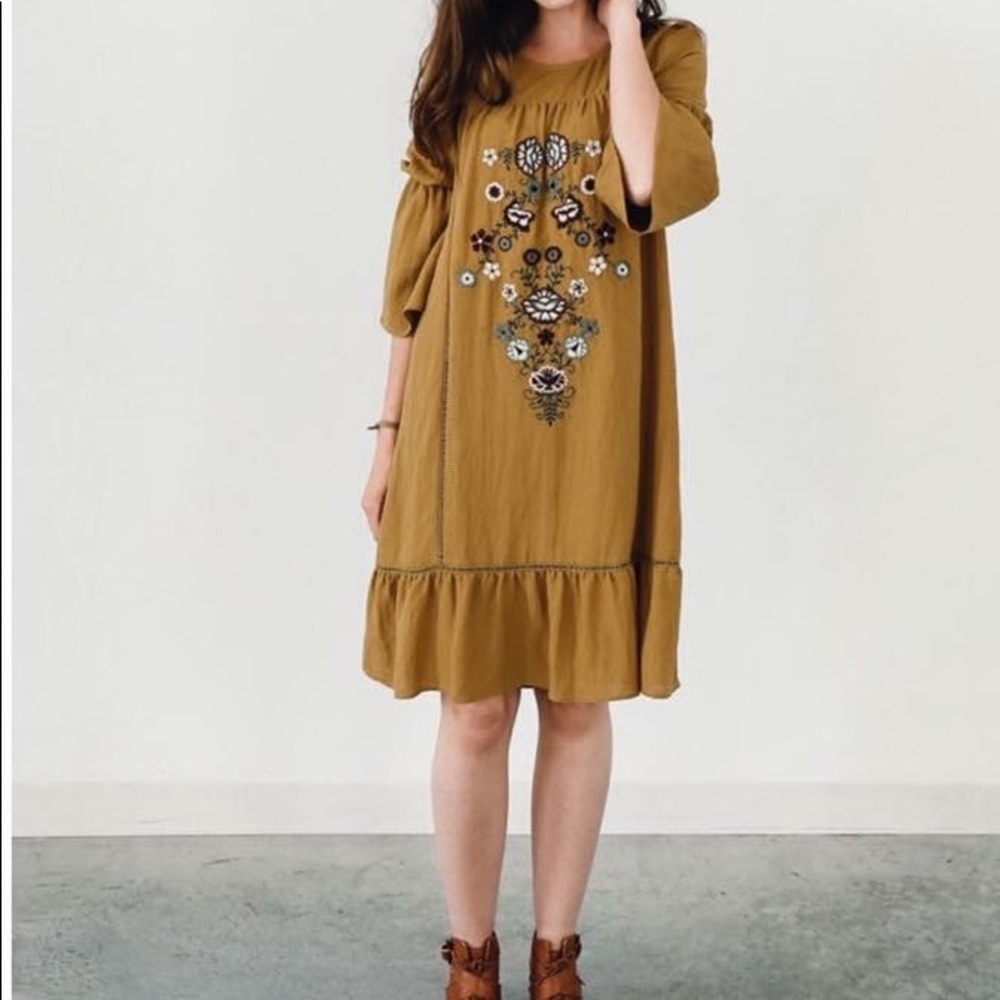 Mustard Embroidered Midi Dress